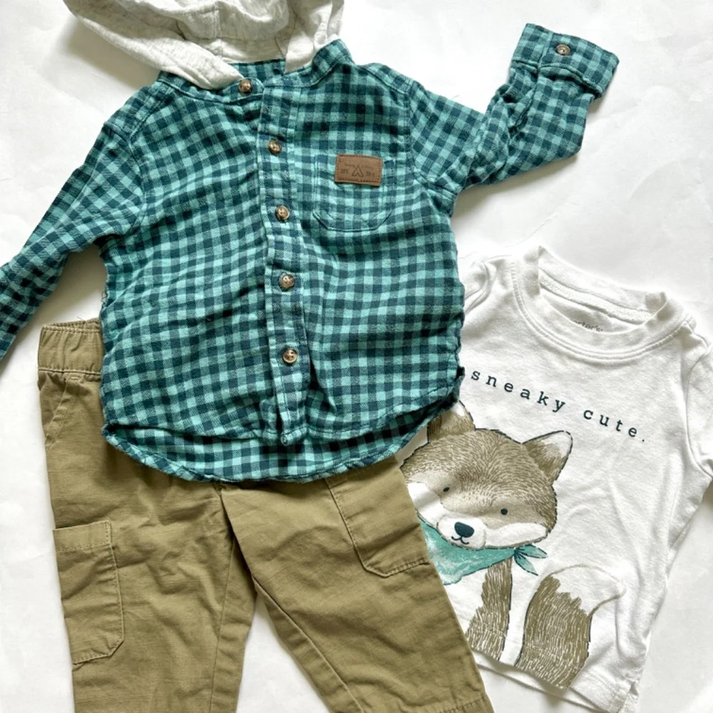 Carter's Baby Boy Matching Set Size 6M Fox Plaid Khaki